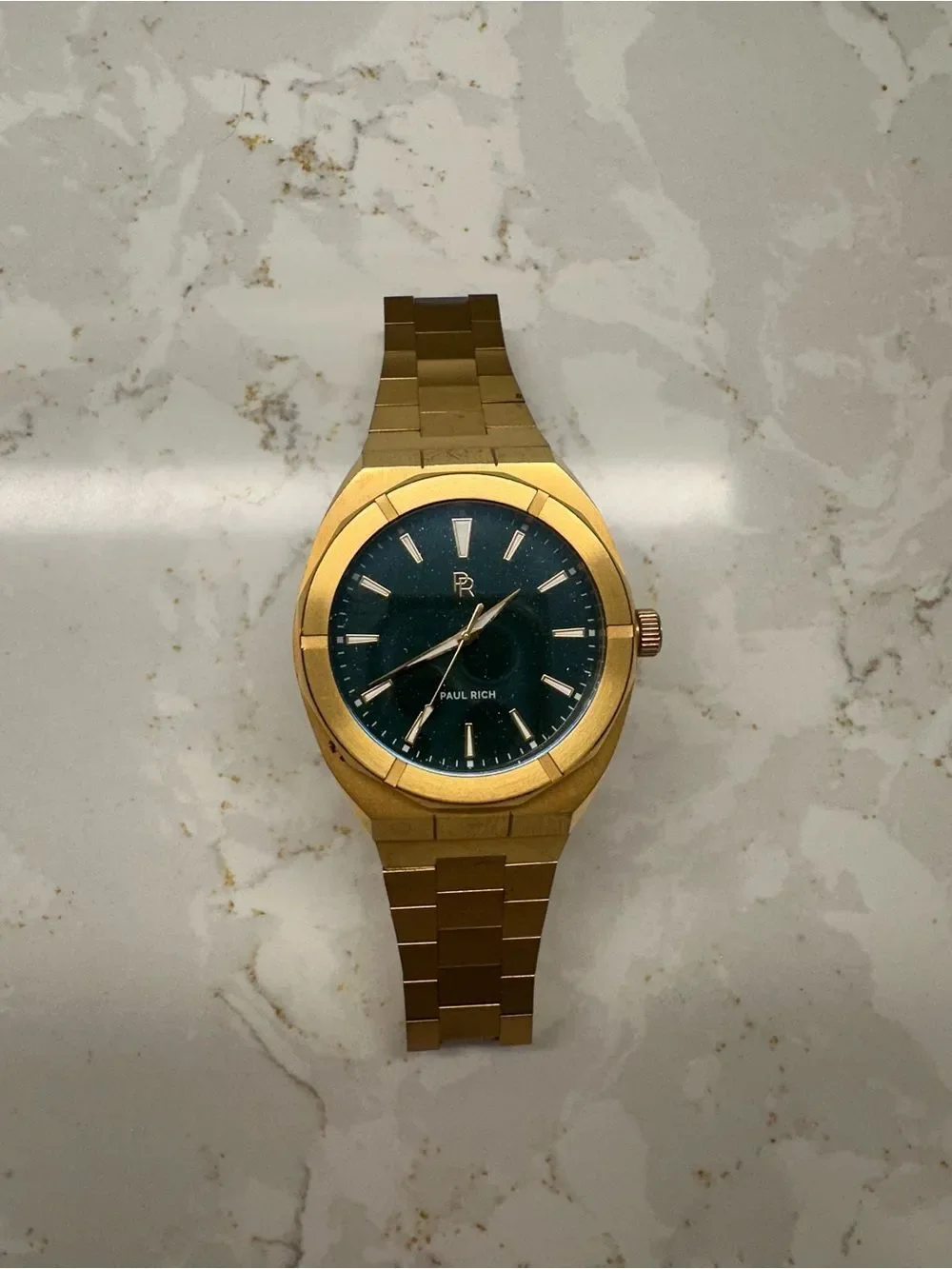 Gold Men's Bracelet Watch with Dark Green Dial